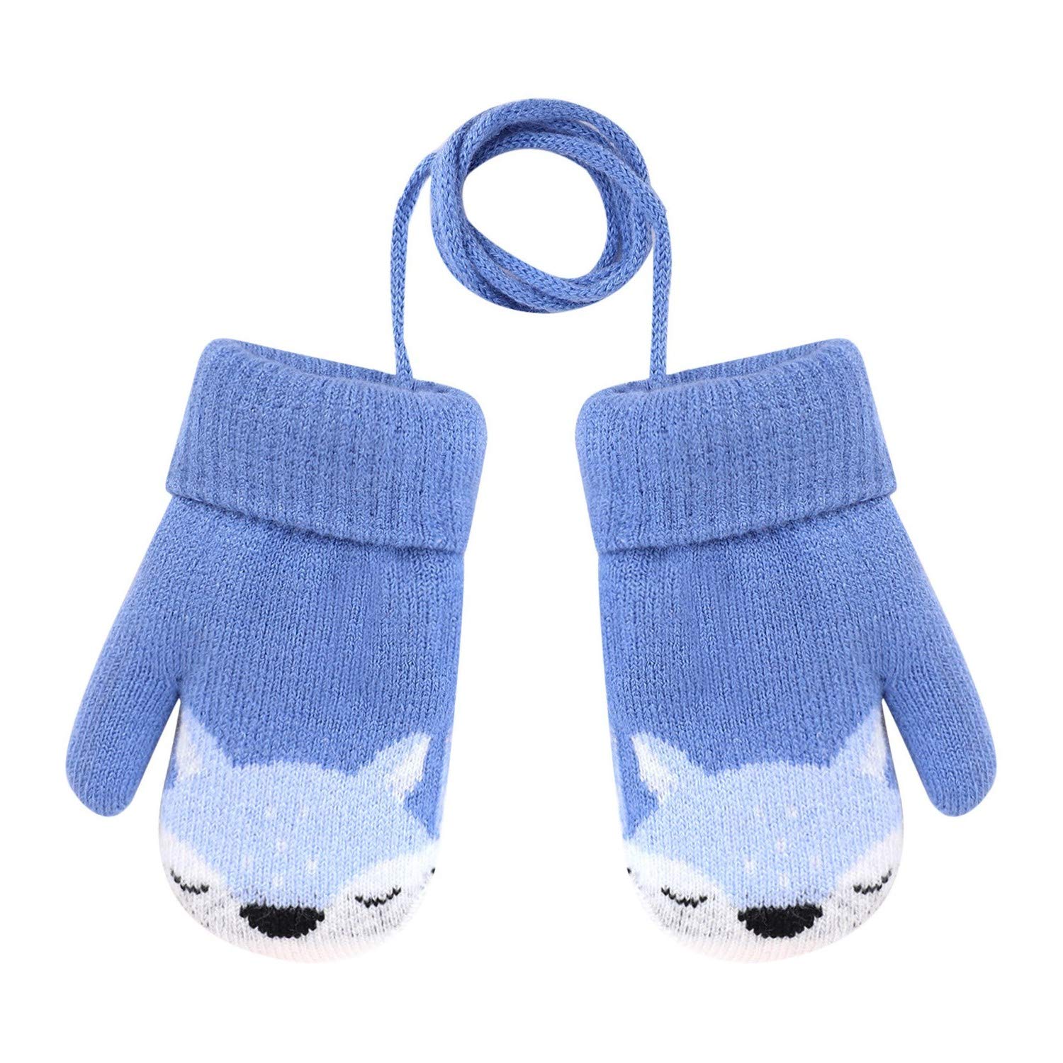 Toddler Baby Cartoon Fox Short Knitted Gloves Infants Kids Winter Thermal Fleece Lining Mittens Outdoor Warm Cozy Walking Playing Travel Camping Ski Full Finger Gloves Hands Warmer for 1-3 Yrs