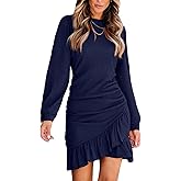 CUPSHE Women Knit Ruched Fall Dress Smocked Ruffle Hem Crew Neck Long Sleeve Bodycon Sexy Casual Holiday Mini Dress