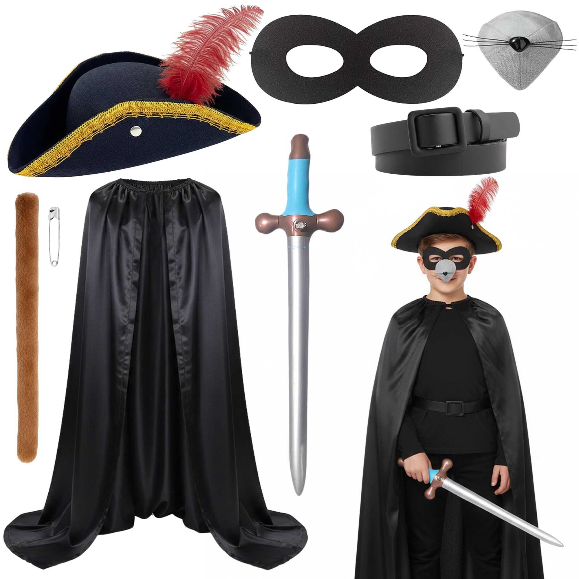 Soireeparty Highwayman Costume Fancy Dress Set, Kids Black Cape Kit with Tricorn Hat Feather Eye Mask Belt, Cosplay Accessories for World Book Day Party