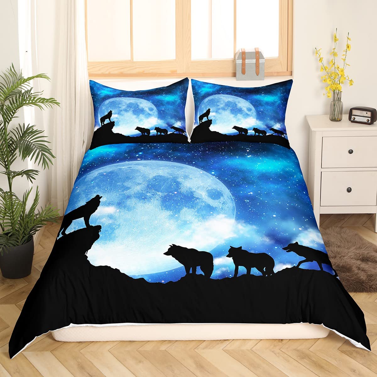 Loussiesd 3D Wolf Duvet Cover Set King Size Animals Print Galaxy Bedding Set for Boys Men Blue Soft Moonlight Stars Wildlife Microfiber Polyester Comforter Cover with 2 Pillow Shams, Zipper, 3 Pieces — image 1