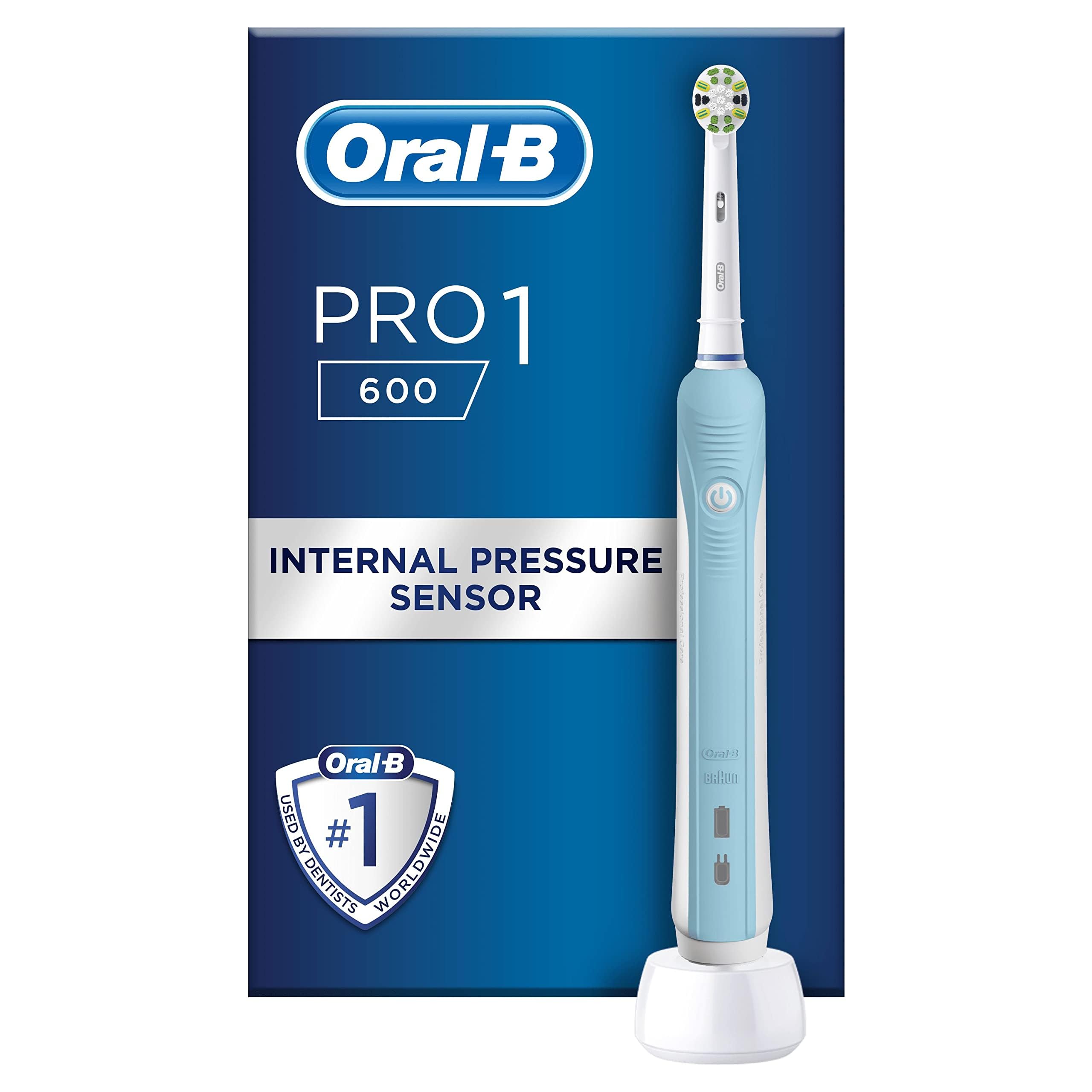 Oral-B Pro 1 Electric Toothbrushes For Adults With Pressure Sensor, Mothers Day Gifts For Her / Him, 1 Floss Action Toothbrush Head, 1 Mode with 3D Cleaning, 2 Pin UK Plug, 600, Blue