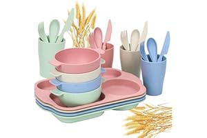 RATULIE 24 PCS Wheat Straw Dinnerware Set for Kids Toddler Plate Bowl Cup Sets Unbreakable BPA-Free Tableware Set with Divided Plate Microwave Dishwasher Safe Perfect for Home School Picnics