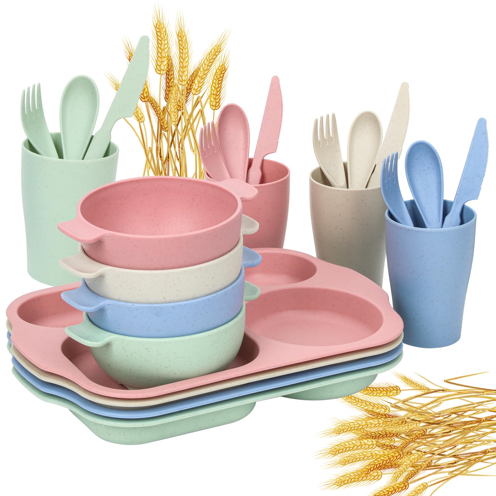 Photo 1 of 24 PCS Wheat Straw Dinnerware Set for Kids Toddler Plate Bowl Cup Sets Unbreakable BPA-Free Tableware Set with Divided Plate Microwave Dishwasher Safe Perfect for Home School Picnics