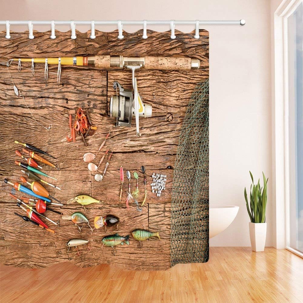 Nautical Fishing Bath Curtains for Bath Fish Rod with Lure