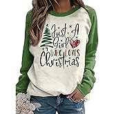 BOMYTAO Just A Girl Who Loves Christmas Tree Sweatshirt for Women Raglan Sleeve Pullover Tops Color Block Shirt
