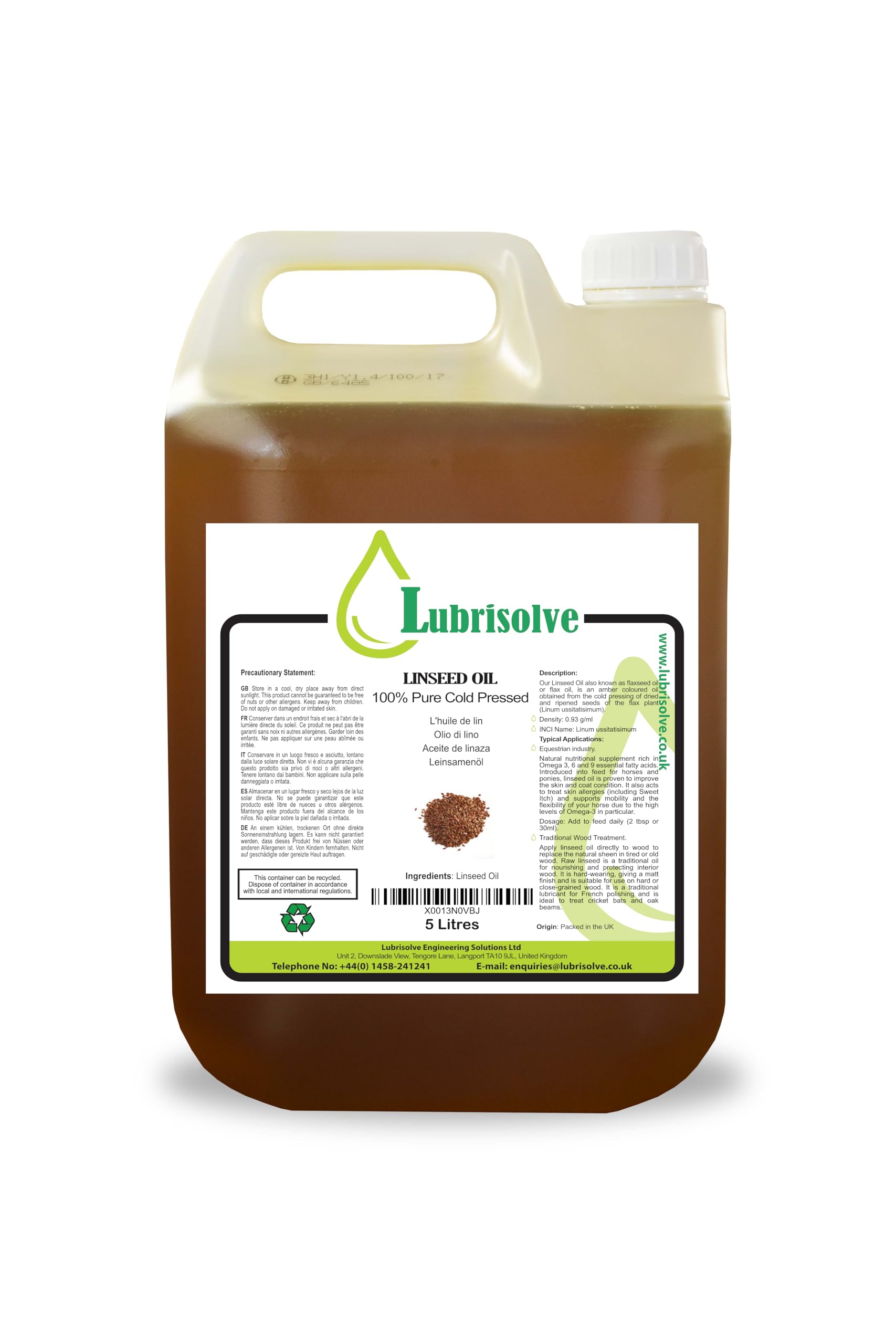 Lubrisolve 100% Pure Cold-Pressed Linseed Oil – Natural Wood Treatment & Horse Feed Supplement – 5 Litres – Premium Quality, Chemical-Free