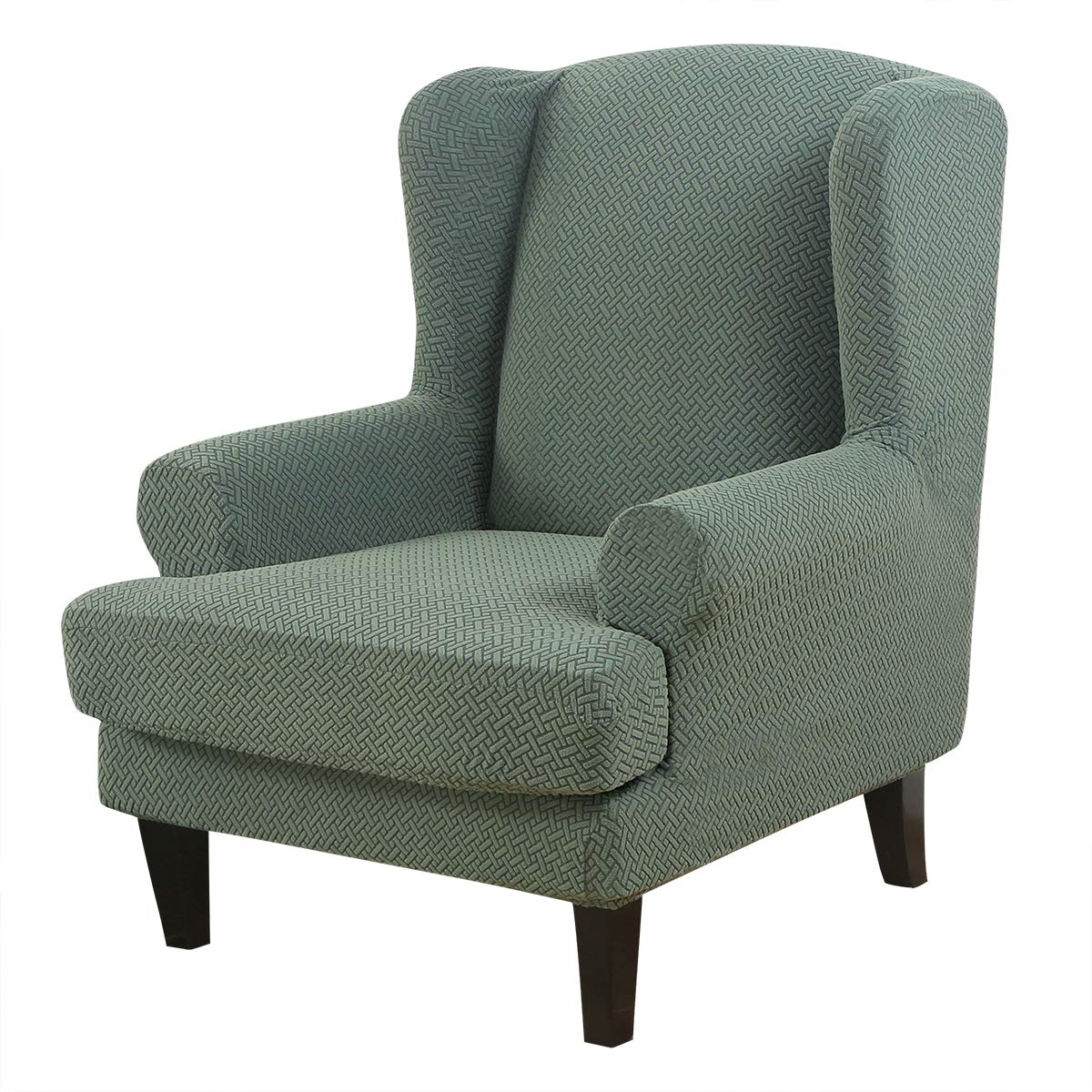 Wingback Chair Cover 2-Piece Stretch Jacquard Wing Chair Cover Twill Wing Chair Slipcover Solid Colour Armchair Cover Washable & Anti-wrinkle Sofa Cover Furniture Protector (Light green)