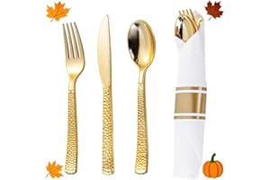 WELLIFE 50 Pack Gold Plastic Silverware with Pre Rolled Napkins,Gold Disposable Utensils, Includes: 50 Forks,50 Knives,50 Spoons,50 Napkins,gold Silverware Disposable for Thanksgiving