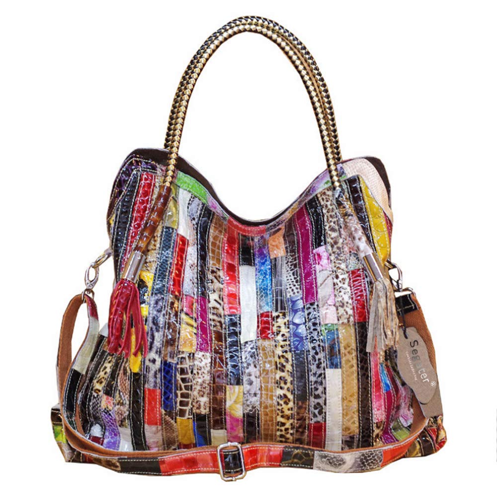 Women’s Multicolor Boston Bag Genuine Leather Colorful Large Tote Handbag Purse (Colorful-Big)