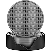 BANGKEE Gray Silicone Coasters with Holder, 4 Inches Non-Slip Heat Resistant Cup Mats, Decorative Waterproof Round Coaster Set of 6 for Home, Kitchen, Office, Bar, Coffee Table
