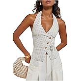 MakeMeChic Women's Striped Halter Crop Top Wrap Button Down Backless Summer Vest Tank Tops