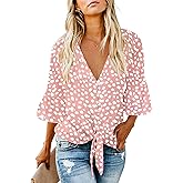 Kancystore Womens Button Down V Neck Tie Knot Front Tops 3/4 Sleeve Chiffon Casual Blouse Shirts
