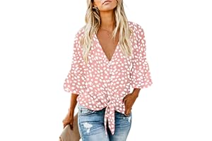 Kancystore Womens Button Down V Neck Tie Knot Front Tops 3/4 Sleeve Chiffon Casual Blouse Shirts