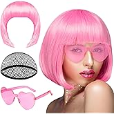 PLULON Pink Short Bob Wig and Sunglass Set, Neon Short Bob Wig Sunglass Pack Costume Colorful Cosplay Wig Hairpieces for Bachelorette Neon Party Favors, Halloween Decorations