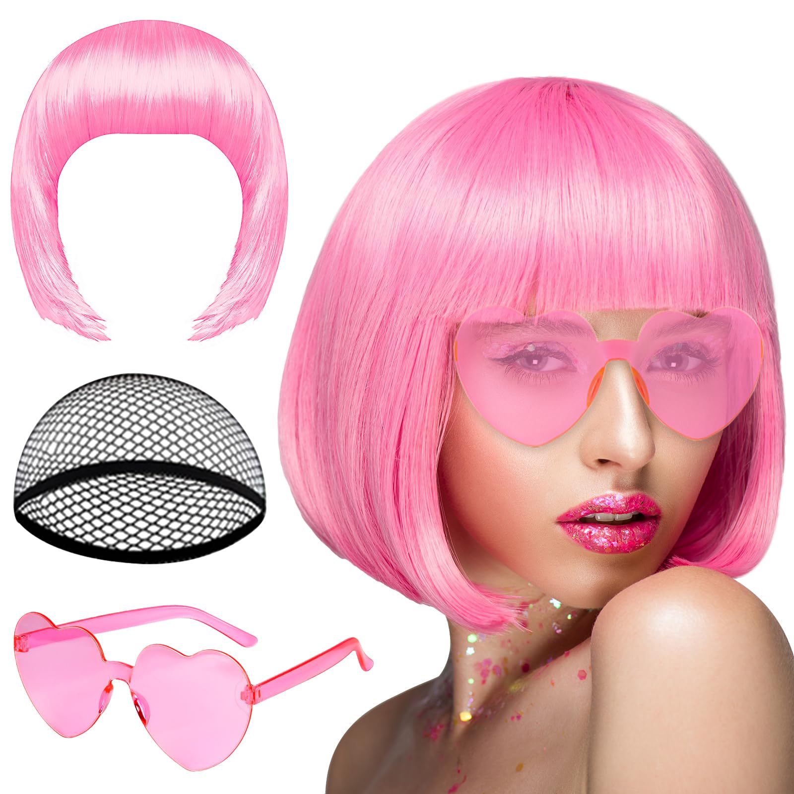 Photo 1 of PLULON Pink Short Bob Wig and Sunglass Set, Neon Short Bob Wig Sunglass Pack Costume Colorful Cosplay Wig Hairpieces for Bachelorette Neon Party Favors, Halloween Decorations