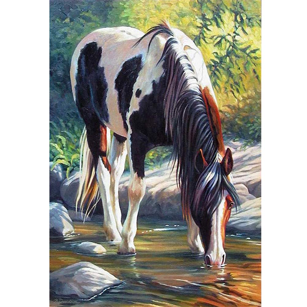 WOWDECOR 5D Diamond Painting Kits, Horse Stream Water Stone Tree Animals Full Drill DIY Diamond Art Cross Stitch Paint by Numbers