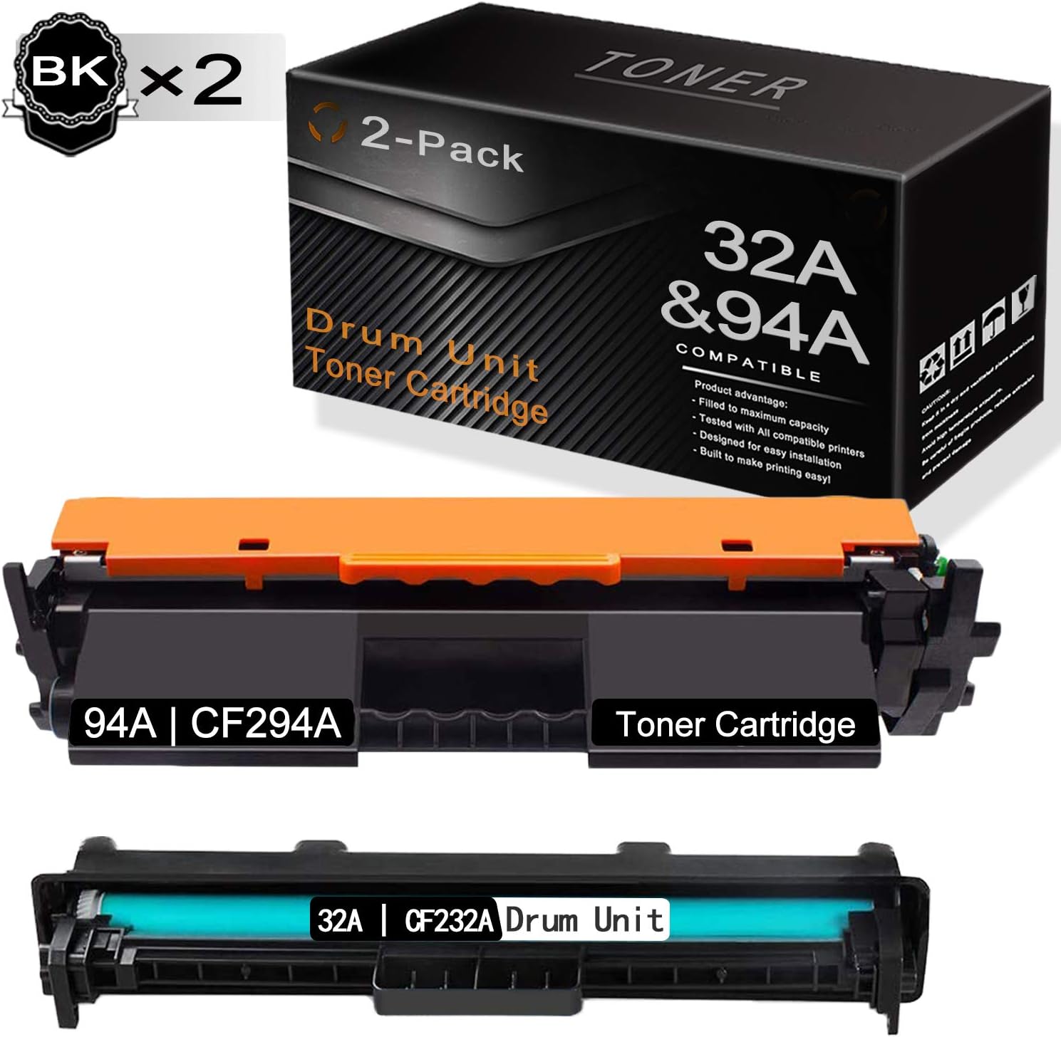 2Pack Black (CF294A Toner1PK + CF232A Drum1PK) Compatible Toner