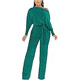 ZonJie Jumpsuits for Women Elegant Sexy Sparkly Sequin Off Shoulder Pants Long Sleeves Wide Leg Clubwear Rompers