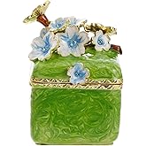 Hand Painted Trinket Box for Home Decor, Hinged Enameled Jewelry Box for Ring Earrings Jewelry Organizer, Unique Vintage Bejeweled Storage Figurine Collectible Keepsake (Flower-Green)