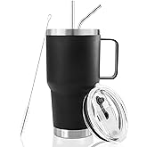 DYNAMIC SE 30 oz Tumbler With Handle, Double Wall Stainless Steel Vacuum Insulated Travel Mug with Splash-Proof Lid Metal Straw and Brush (Black)