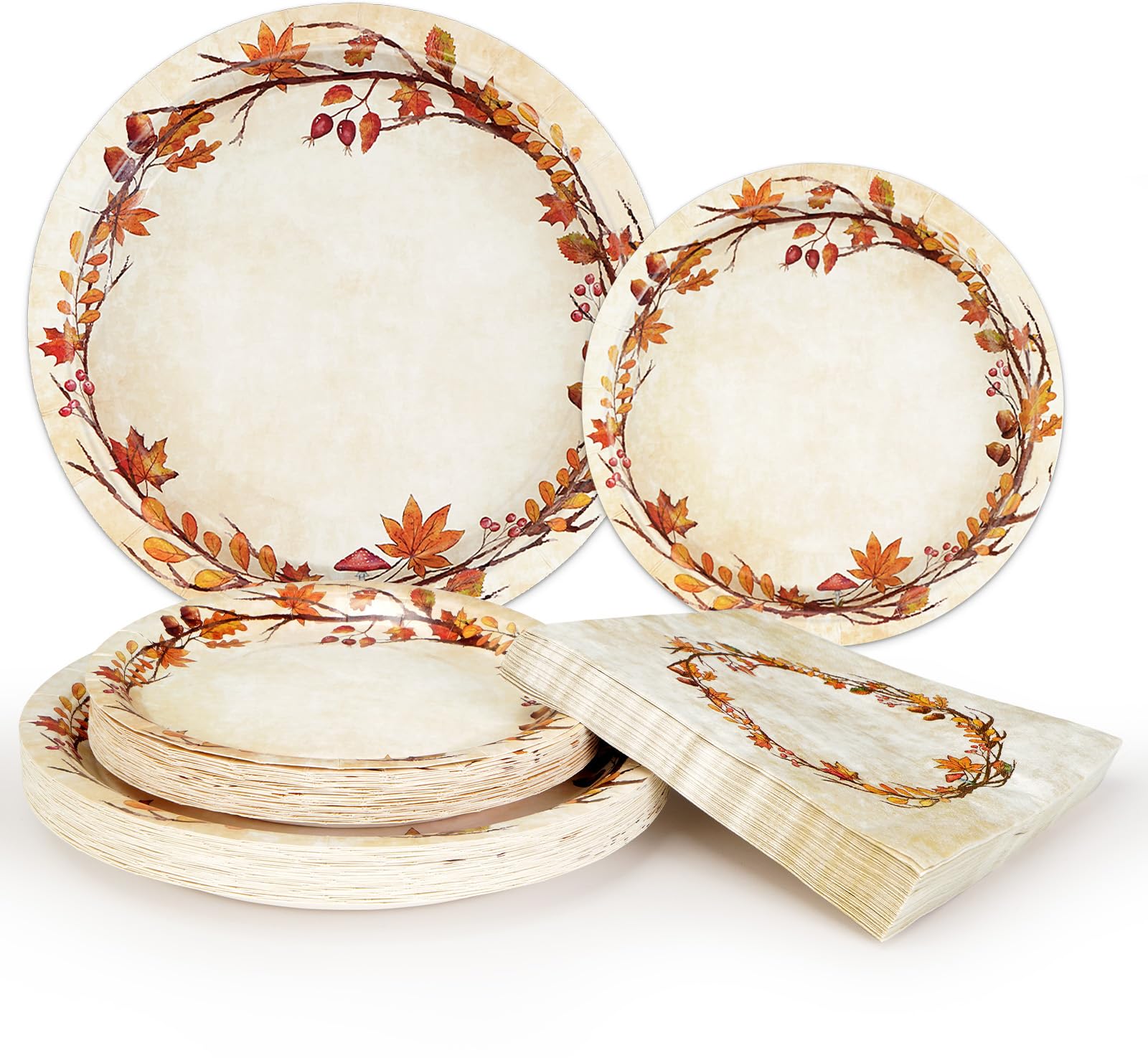 Photo 1 of Homlouue 200 Pcs Fall Paper Plates and Napkins, Watercolor Disposable Dinnerware Set, Autumn Leaves Thanksgiving Party Supplies, Serve 50 Guests