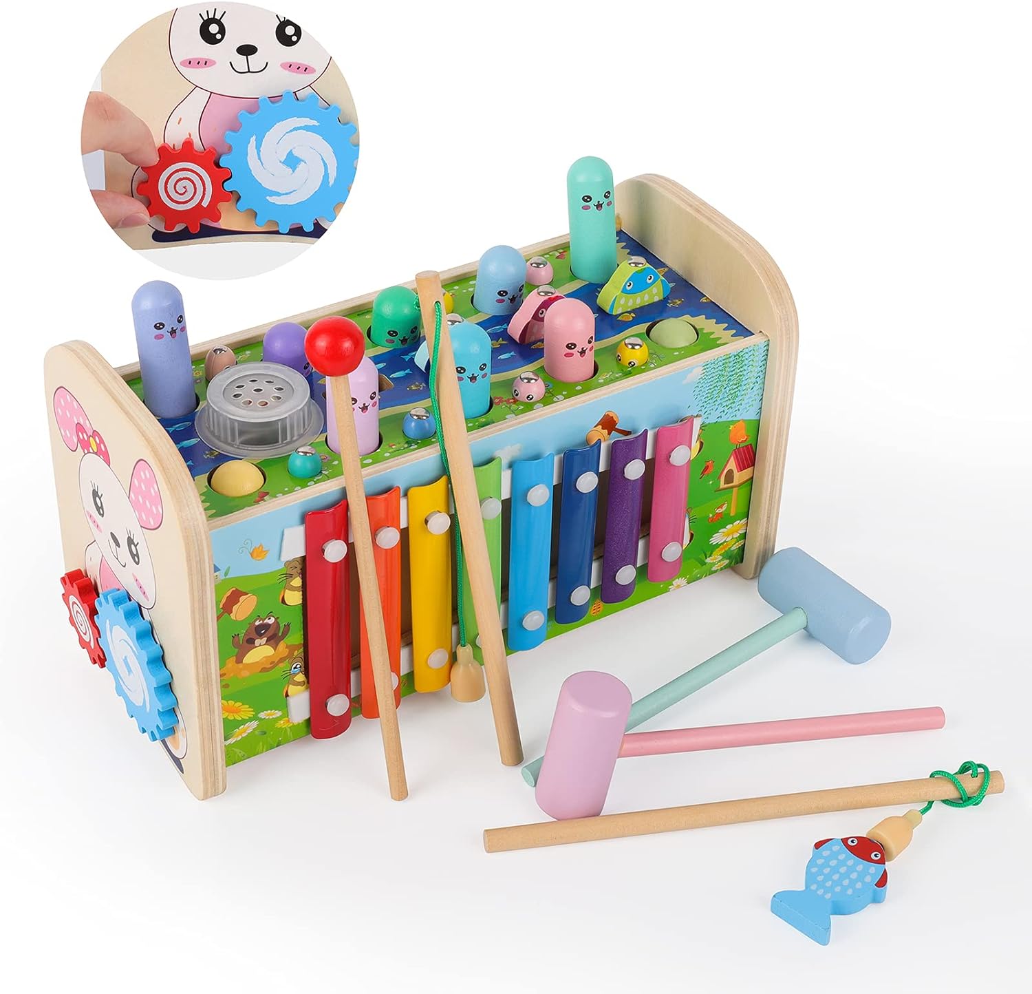 Exclusive Rabing Wooden Pounding Bench 7 In 1 Hammering Pounding Toys With Xylophone Wooden Musical Pounding Toy With Music Player Early Education Puzzle Games For Toddlers Boys And Girls Toys Games On