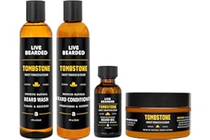 Live Bearded Complete Beard Grooming Kit, Made in the USA with All-Natural Ingredients - Beard Wash, Conditioner, Beard Butter & Beard Oil Kit - Mens Gift Set, in Scent Tombstone, Tobacco & Cedar