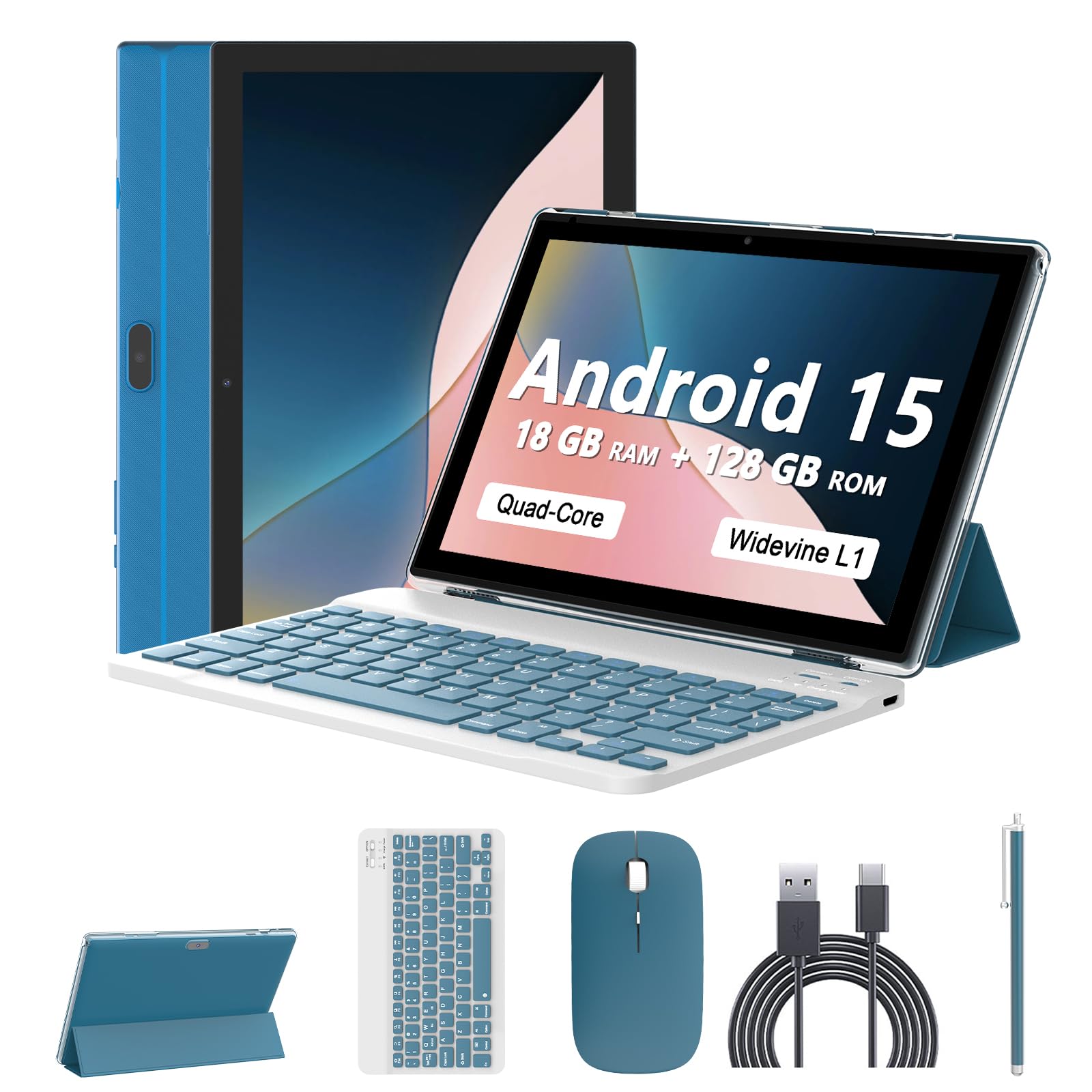 Photo 1 of Android 15 Tablet 10 Inch, 18GB RAM+128GB ROM/2TB Expandable, 2 in 1 Tablets with Keyboard Case Mouse Stylus, 2.0GHz Quad-core Processor, 1280*800 IPS HD Screen, 5G WiFi6 BT 5.0, 8MP Camera Tableta