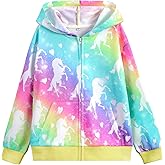 Belovance Girls Graphic Zip Up Hoodies Sweatshirt with Pockets Kids Hooded Coat Casual Outerwear Rainbow Unicorn 5-14 Years
