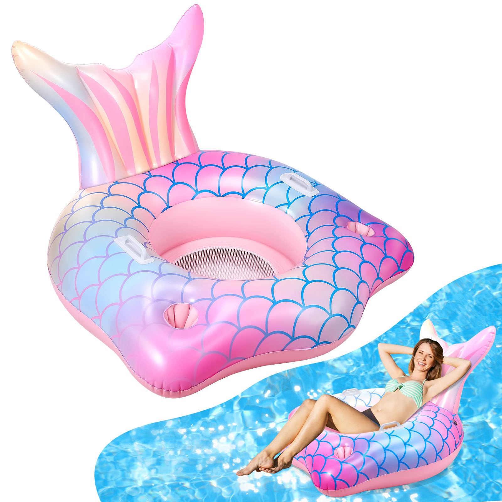 Photo 1 of Mermaid Tail Inflatable Pool Float Chair with 2 Cup Holders, Armrests, Pink Swimming Pool Party Lounge Raft Decorations Toys for Kids Adults, Swimming Pool Lounger Pool Floaties for Summer Beach Party