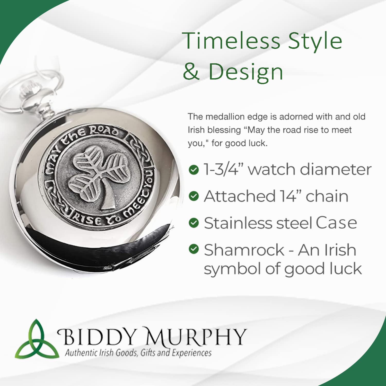 Biddy Murphy Shamrock Pocket Watch Made in Ireland Shamrock Pewter Medallion Stainless Steel Case with Chain, Made in Ireland