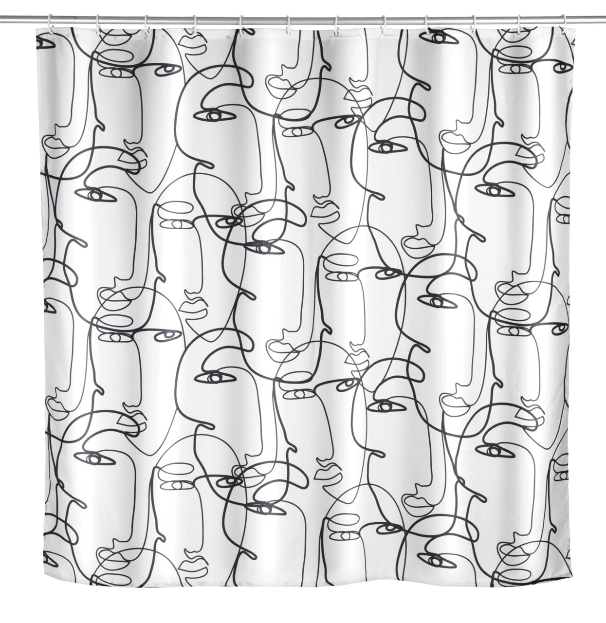 WENKO Faces anti-mould shower curtain, antibacterial textile curtain for shower and bath, washable & water-repellent, with 12 shower curtain rings for attachment to the shower rod, 180 x 200 cm