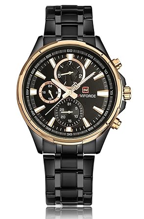 NAVIFORCE Mens Chronograph Auto Date Full Stainless Steel Waterproof Analog Quartz Watches - Black Gold