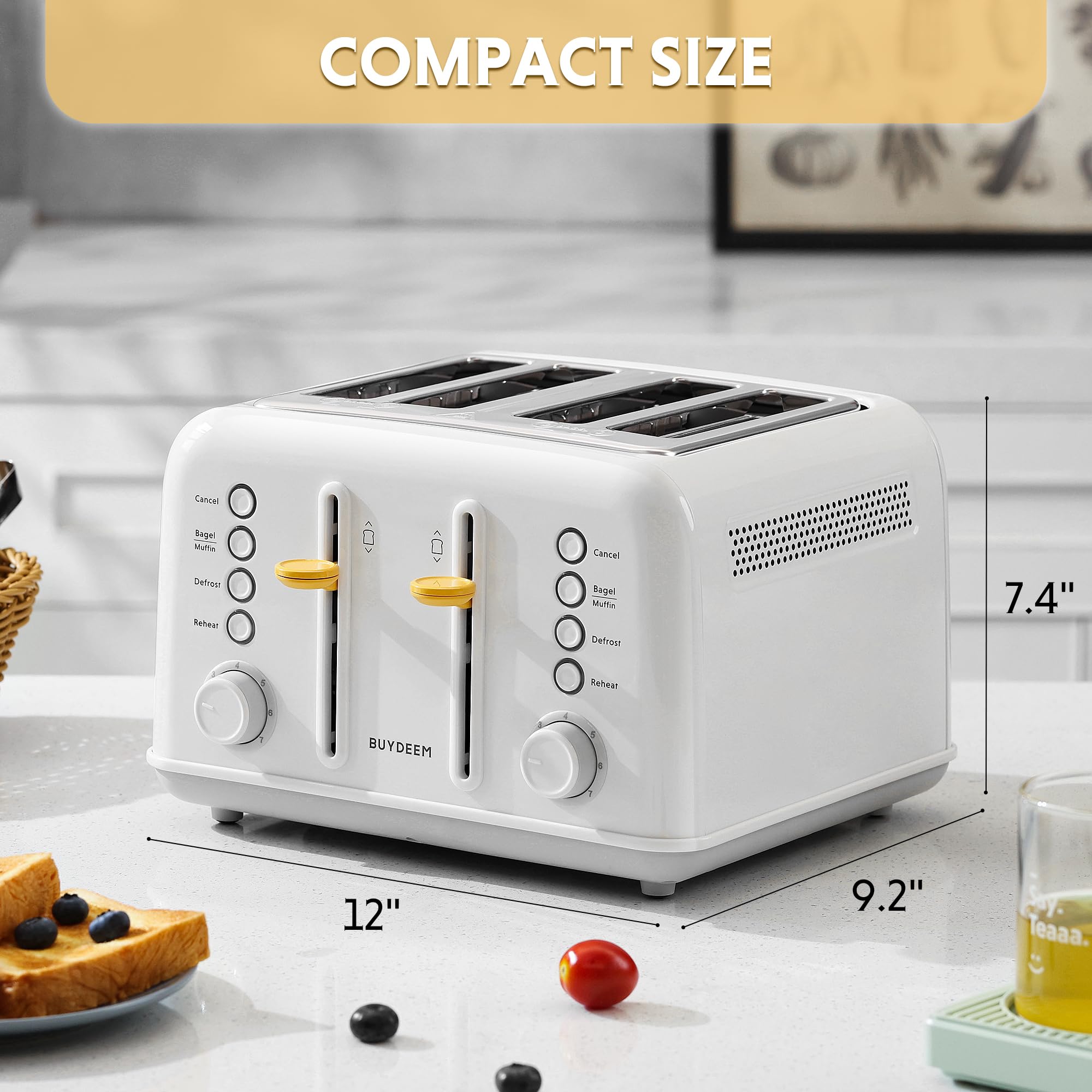 BUYDEEM DT640 Tostadora de 4 rebanadas, ranuras extra anchas, acero inoxidable con palanca de elevación alta, función para bagels y muffins, bandeja para migas extraíble, 7 ajustes de sombra, blanco ártico