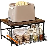 KLM Pull Out Spice Rack Organizer for Cabinet,Rustic Wood Top with Wire Basket Storage,Kitchen Countertop Organizer and Storage for Pantry, Counter top,Coffee Station Wood. (Brown)