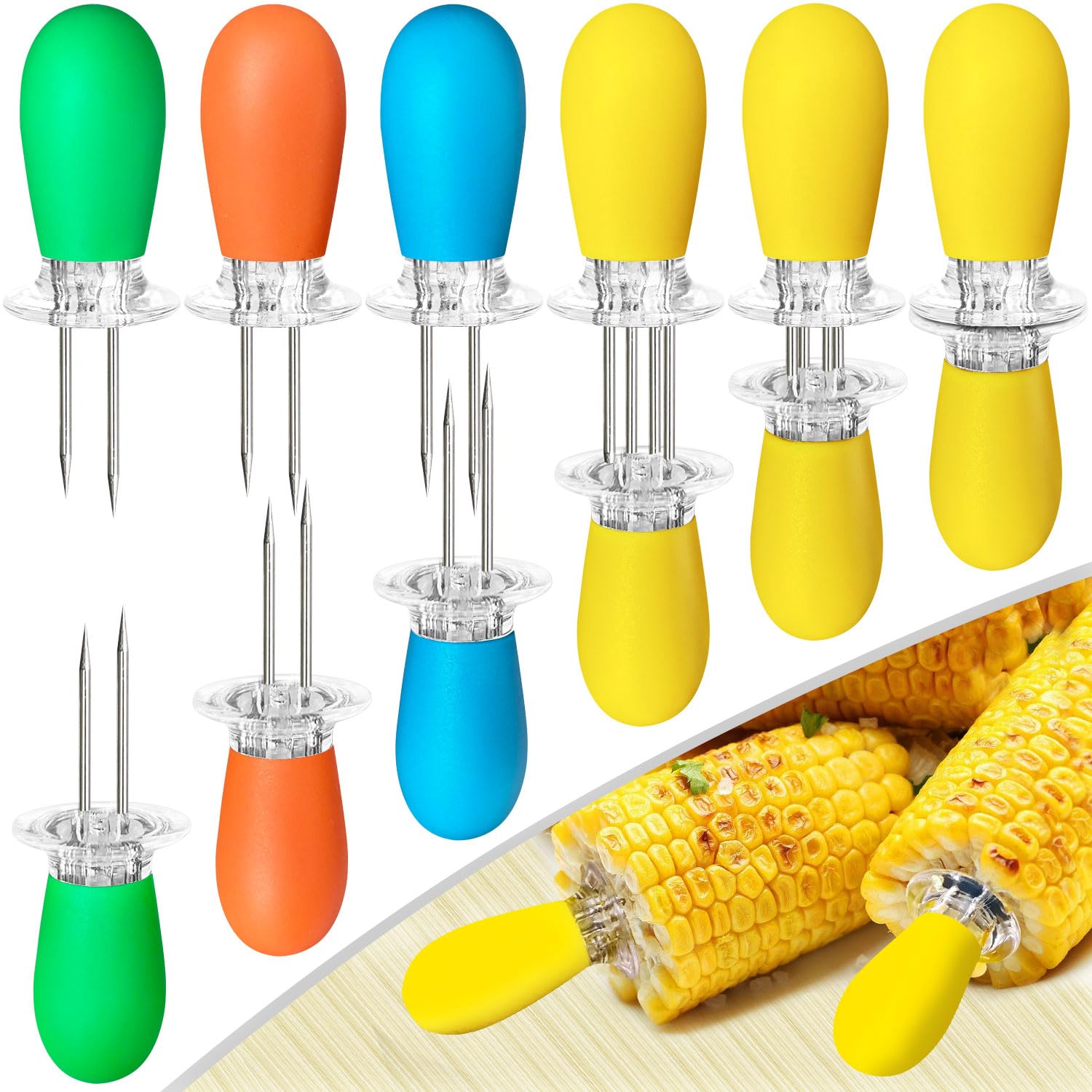 Heado 12 Pcs/6 Pairs Stainless Steel Corn Holders, Interlocking Design Skewers for BBQ & Home Cooking, 4 Colors