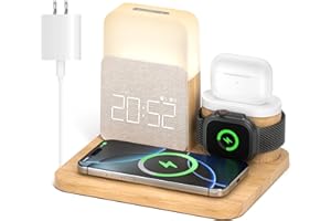 RICHBIRD Alarm Clock Charging Station for Bedrooms, 7 in 1 Wireless Charging Station, Magnetic Charger with Night Light Bedside Clock for iPhone 17 16 15 14 13 12 Pro Max, Apple Watch, AirPods