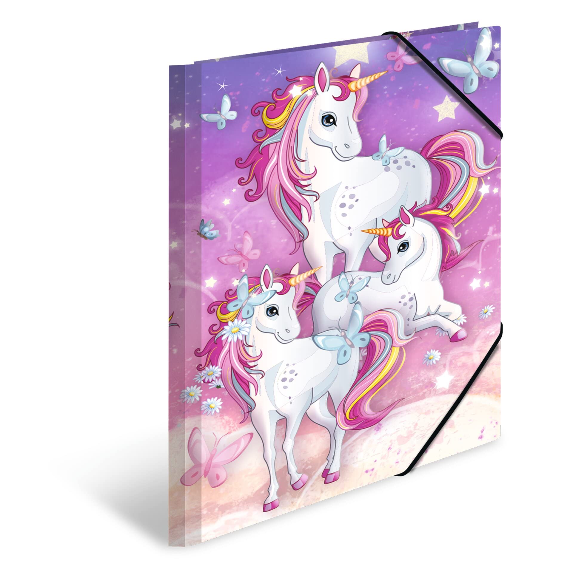 HERMA 19374 A4 Nursery Animals Unicorn Collector's Folders, Pack of 3, Children's Cardboard Corner Folder with Inner Print and Elastic Band, Sturdy Cardboard Folders Set for Boys and Girls