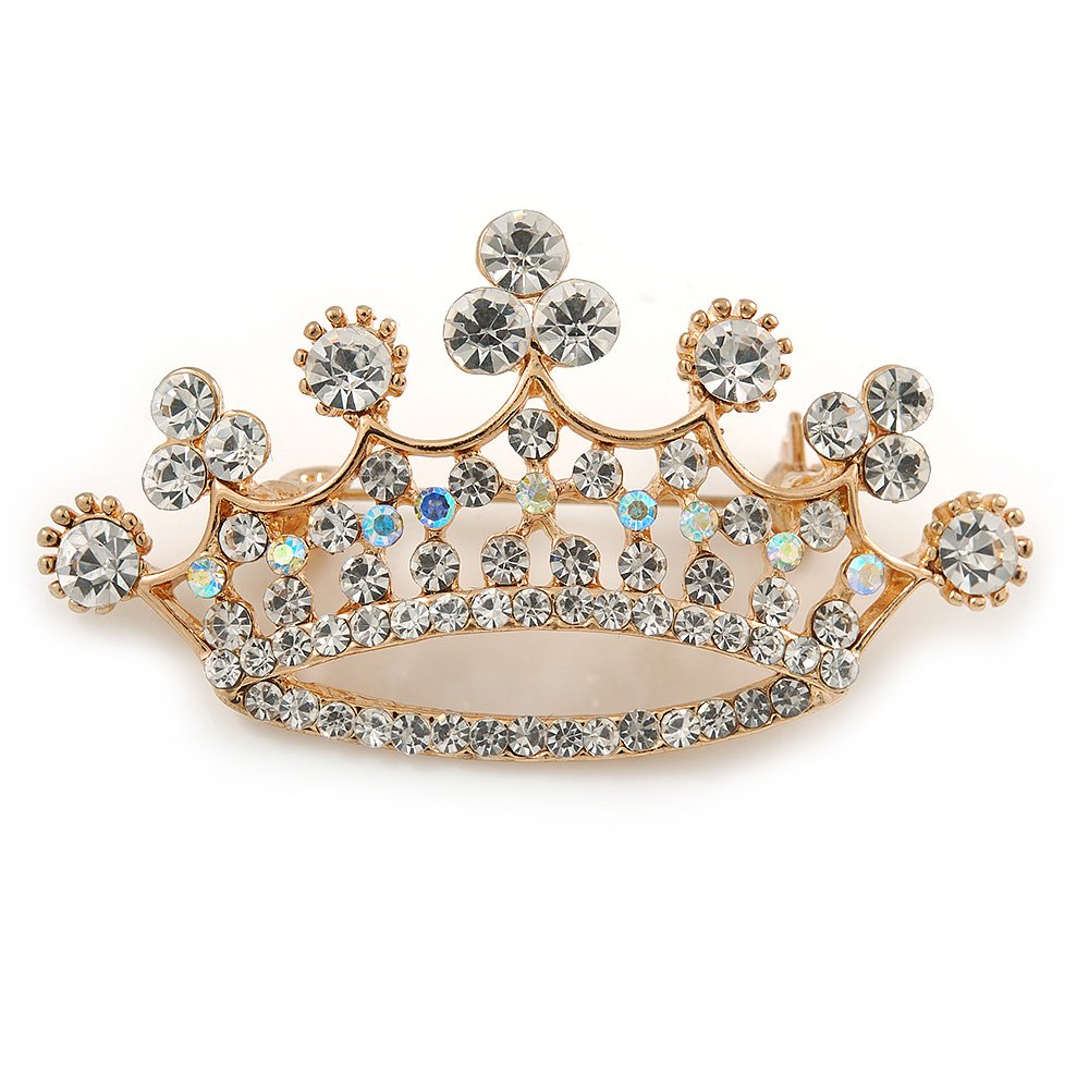 Clear Crystal Crown Brooch In Gold Tone Metal - 50mm W