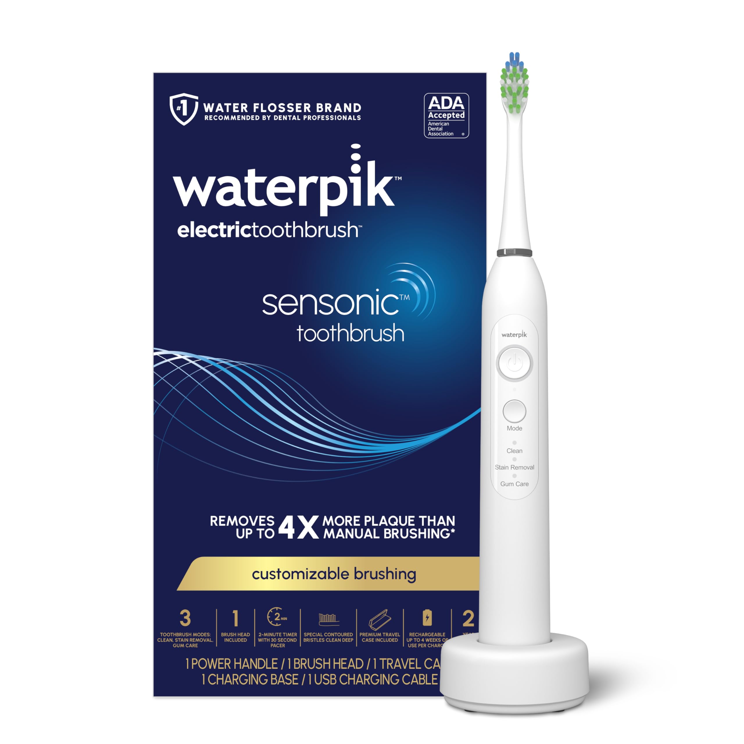 Waterpik Sensonic Sonic Electric Toothbrush, Rechargeable Toothbrush for Adults with 3 Modes, Travel Case, USB Charger, White STW-03W020, Packaging May Vary Image