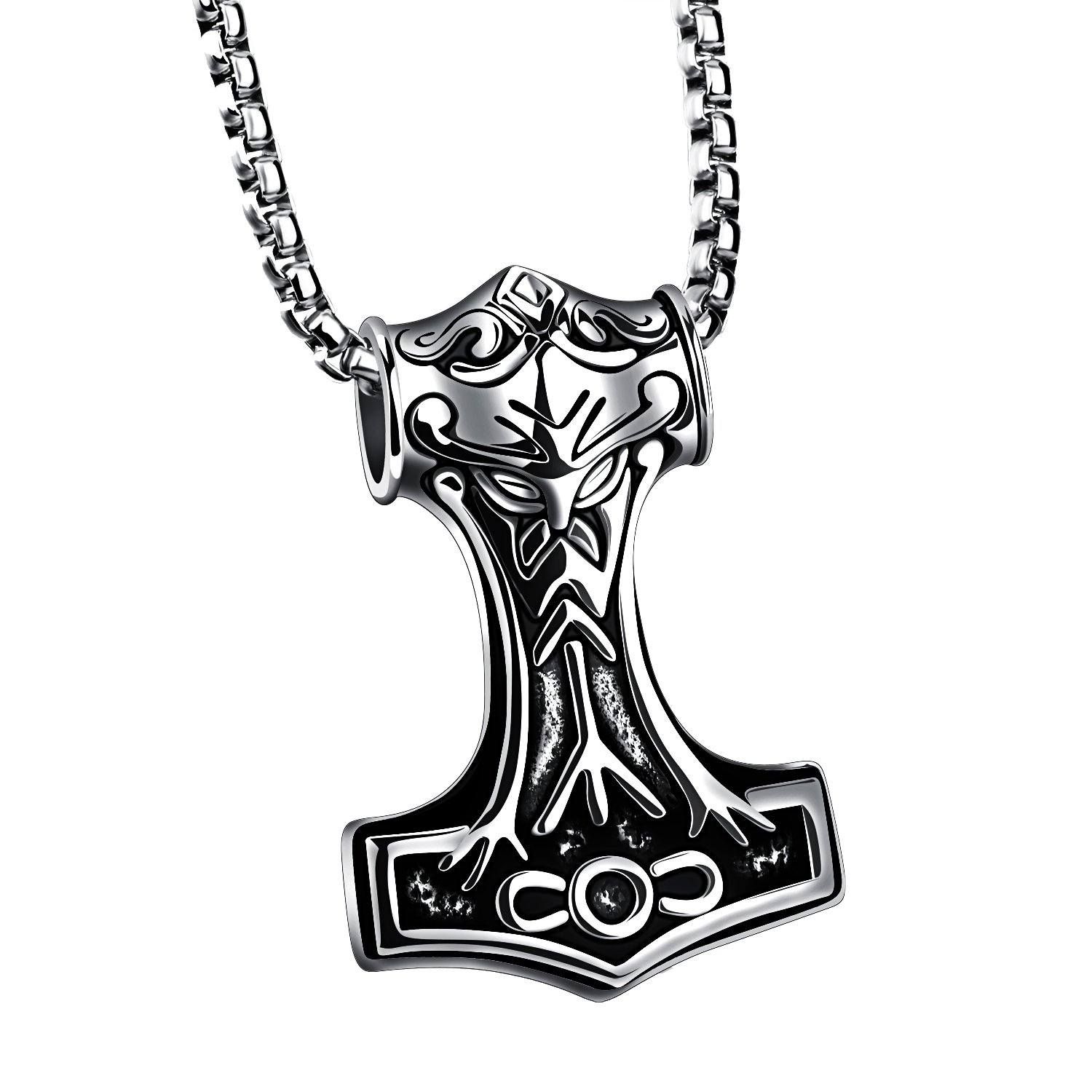 PAURO Mens Stainless Steel Thors Mjolnir Hammer Pendant Necklace Viking Silver with Chain