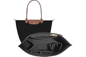 DOIAPUOS Purse Organizer Insert Compatible with Longchamp Le Pliage L and More Felt Zipper Organizer Insert with Cup Holder Tote Organize (Black, Large)