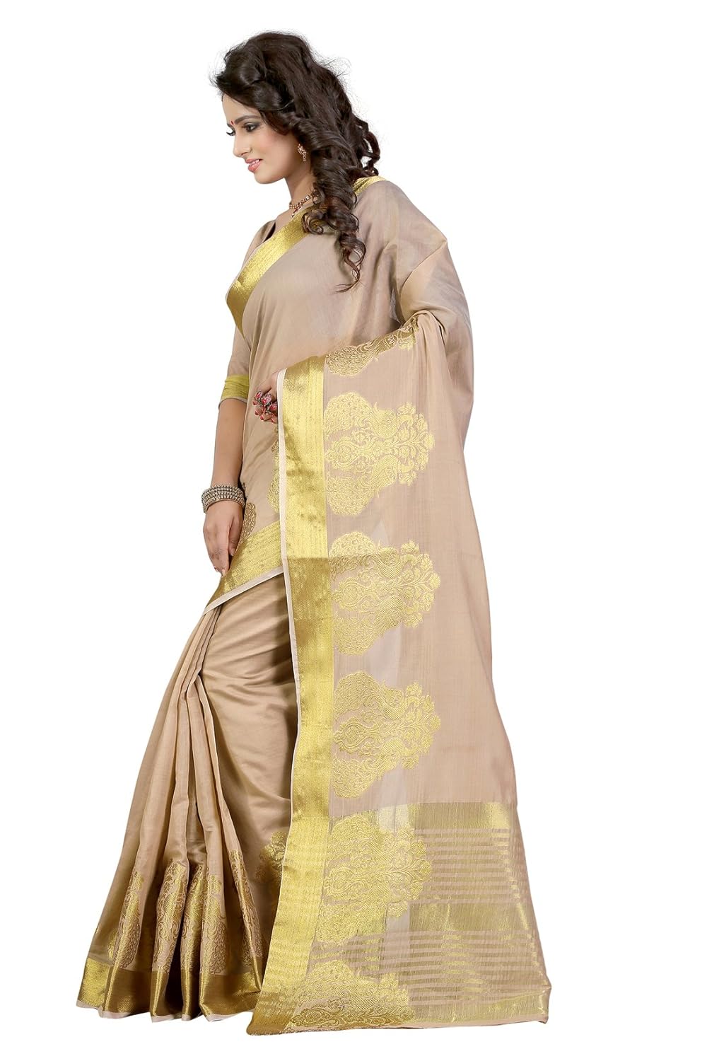 women's poly cotton traditional saree unstitched blouse design (raj peacock chikku_beige)
