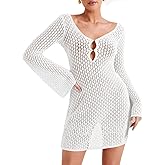Saodimallsu Womens Crochet Swimsuit Coverup Summer Sexy V Neck Long Bell Sleeve Mesh Knit Bikini Cover Ups Beach Dresses