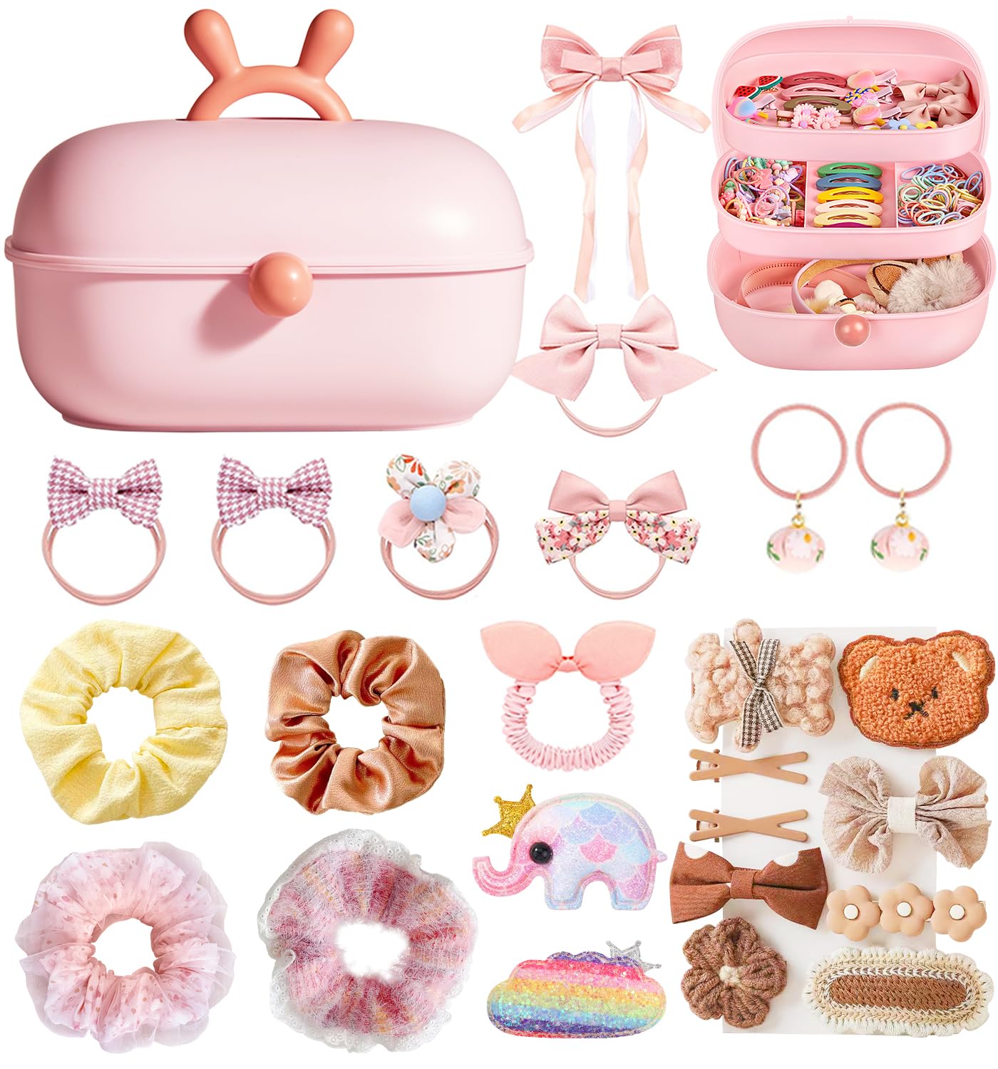Luxureux Cream-pink Girls Hair Accessory Set, Hair Accessory Set, Case, 3 Layers, Cute, Accessory Box, 3D Stickers, Hair Clip, Hair Elastic for Kids, Fashionable, Colorful, Birthday, Christmas,
