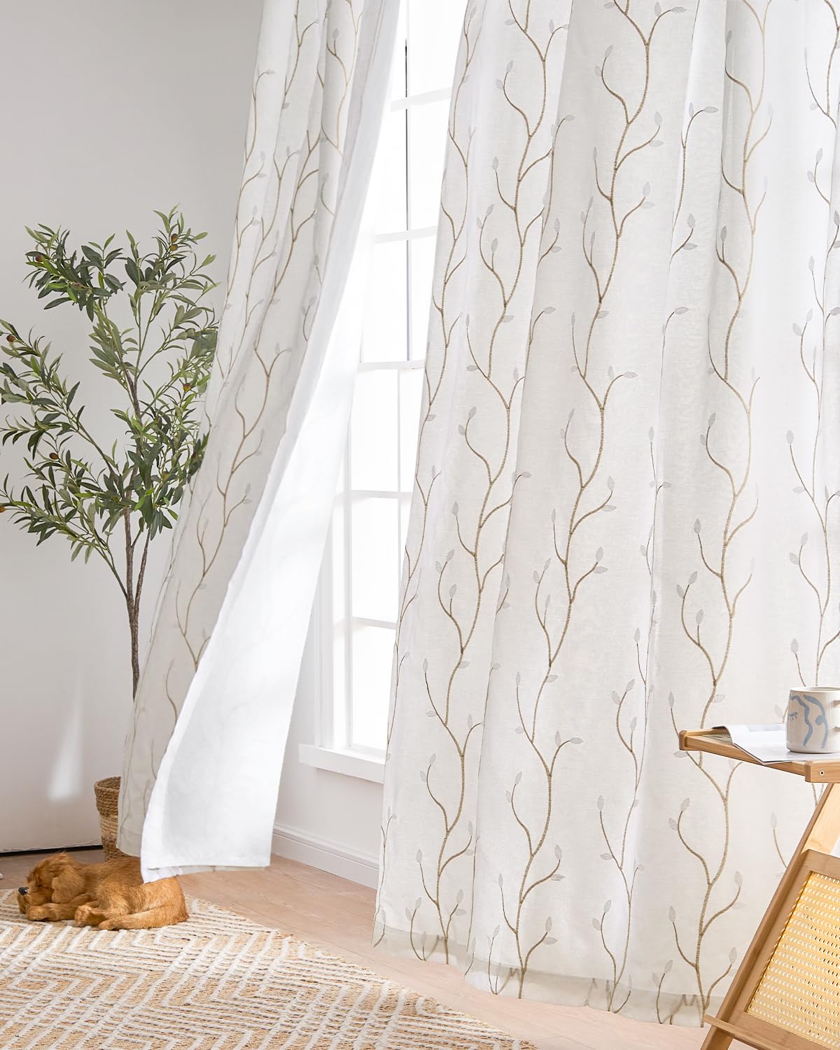 Photo 1 of (see all images) jinchan Lined Curtains Botanical Embroidered Sheers for Bedroom 96 Inch Length Embroidery Voile Leaf Curtains for Living Room Light Filtering 