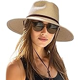 FURTALK Womens Sun Hat Summer Straw Beach Hats UPF 80+ Wide Brim Panama Fedora Hats with Wind Lanyard