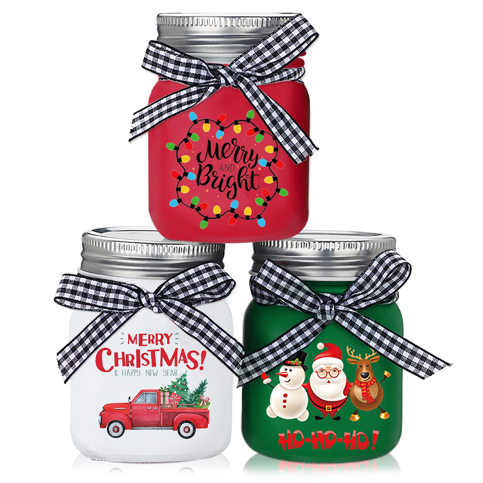 Photo 1 of Hoolerry 3 Pieces Mini Mason Jar Christmas Tiered Tray Patriotic Farmhouse Glass Decor Red Truck Merry and Bright Table Sign Rustic Mason Jar for Xmas Home Kitchen Shelf Tray Decor