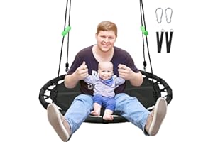 YSEJOMP Black Round Saucer Swing with Handles -Made of Sturdy Frame,PP Mat,Adjustable Multi-Strand Ropes,Safe and Durable for Yard Garden Playground Park (Black+Extra Straps, 40 inches)
