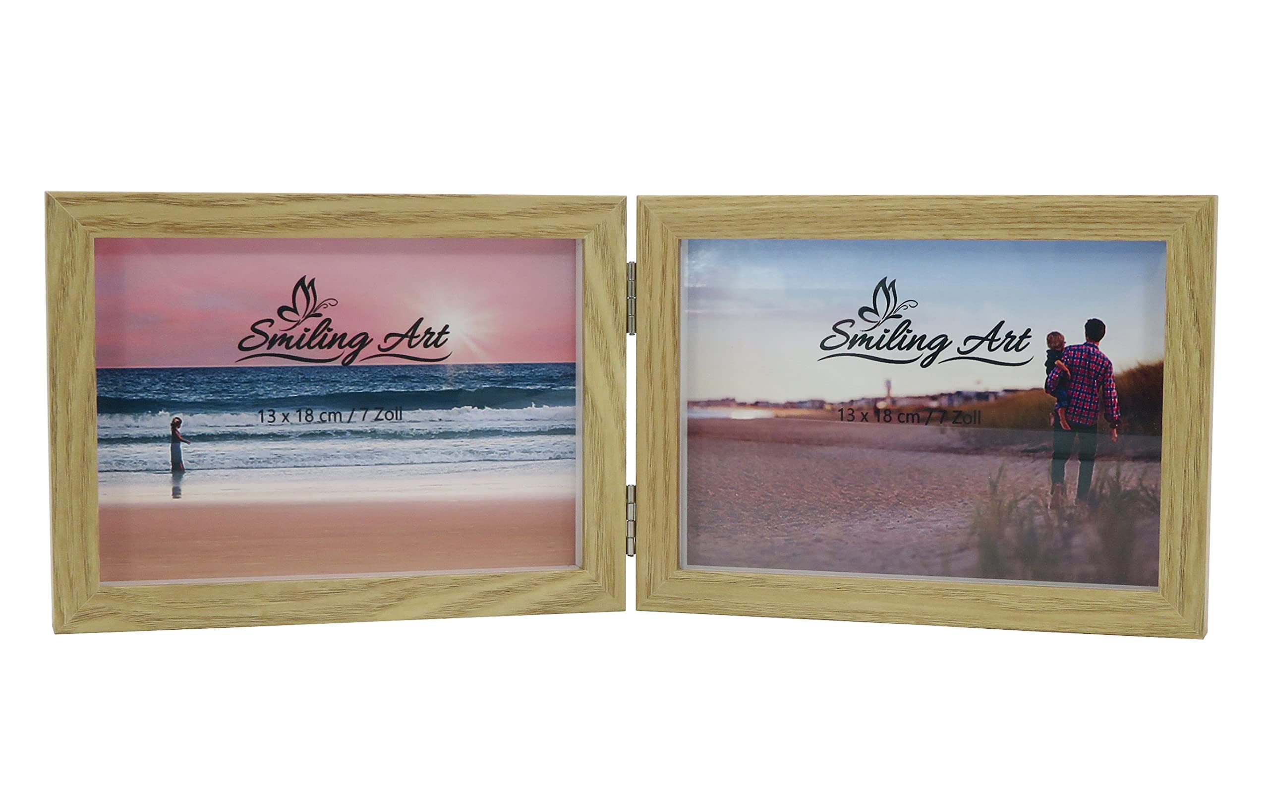 Smiling Art Picture Frame for 2 Photos Made of MDF Wood with Glass Pane, Folding Picture Frame, Double Frame (Beige, Landscape Format, 2 x 13 x 18 cm) — image 1